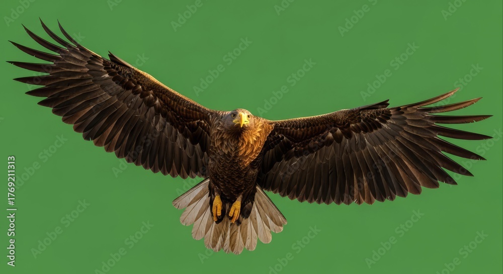 Obraz premium Majestic Golden Eagle Soaring with Wings Spread Against a Vibrant Green Background.