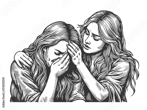 woman consoling her weeping friend, symbolizing empathy, compassion, and emotional support sketch engraving generative ai fictional character vector illustration. Scratch board. Black and white image.