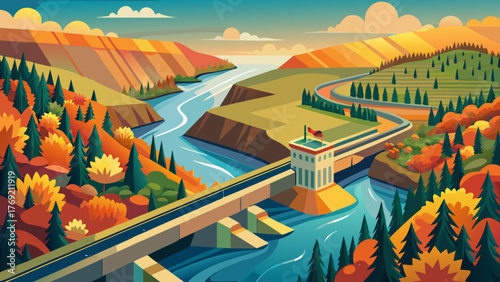 Very beautiful aerial panoramic view of Delaware Water Gap on a bright autumn day, showcasing winding river, colorful forested mountains, and scenic landscape along the New Jersey and Pennsylvania 