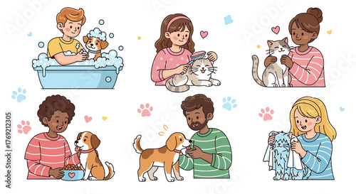 Cute Family Character Illustration – Baby, Dog, and Cat Drawing Representing Love, Childhood, and School Life