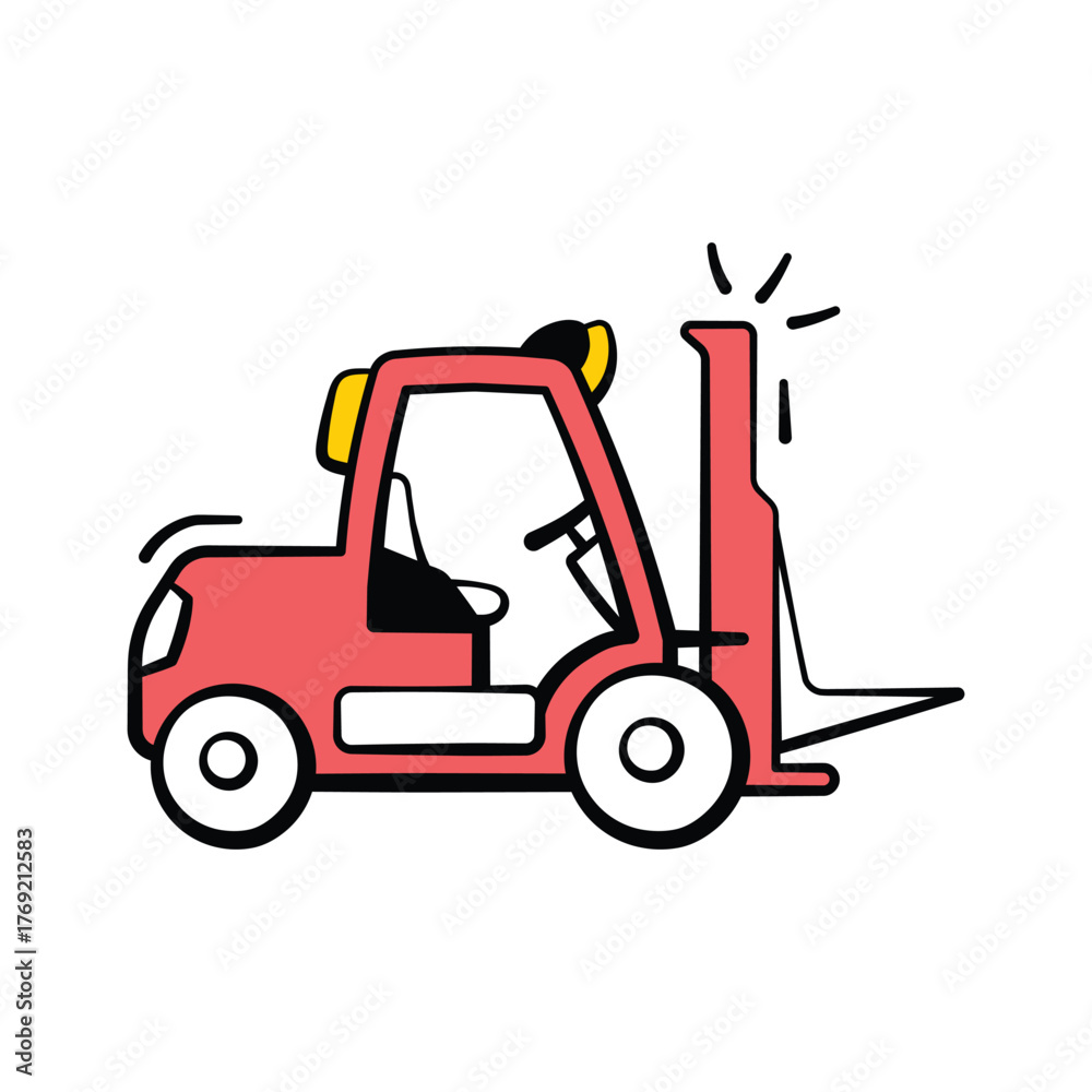 Naklejka premium Forklift icon in doodle style, denoting industrial equipment, warehouse transport, and cargo handling.