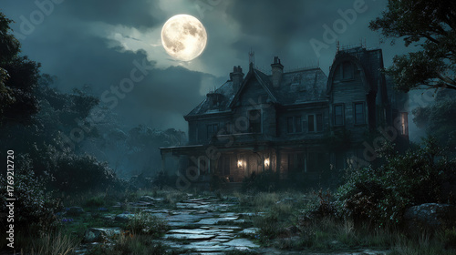 Haunted house glowing under moonlit woods concept. A haunted mansion under a full moon in a foggy landscape.
