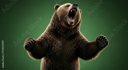 Powerful Grizzly Bear Roaring on Hind Legs with Open Mouth.