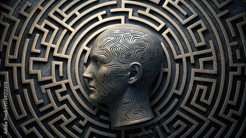 Feeling lost inside maze of mental struggle concept. A surreal sculpture representing the complexities of the mind.