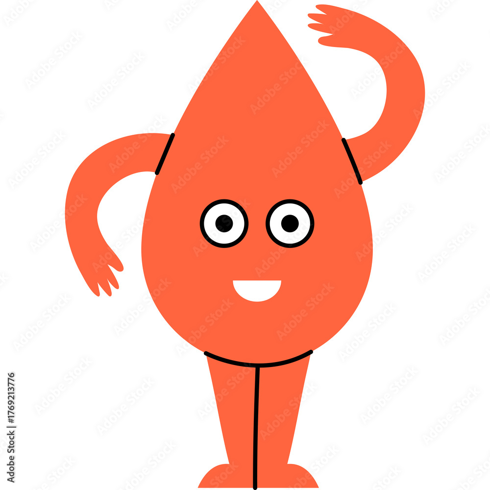 Obraz premium Orange Tear Drop Shaped Cartoon Character with Simple Face and Arms Waving Hello