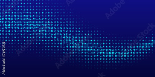 Blue pixel wave background. Digital grid creating dynamic motion effect. Futuristic technology banner, poster, backdrop. Modern abstract vector illustration.