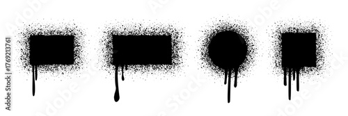 Spray paint frames with dripping ink effect in square, circle, and rectangle shapes. Grunge stencil borders in black with scattered spray texture. Urban graffiti style vector illustration.