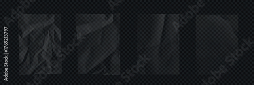 Transparent crumpled plastic textures. Set of wrinkled clear film overlays with light reflections on dark transparent background. Realistic vector illustration.