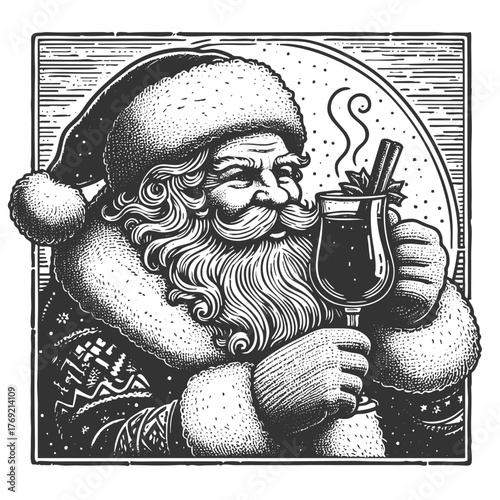 Santa Claus holding a steaming holiday beverage with cinnamon, warmth, cheer, Christmas spirit sketch engraving generative ai fictional character vector illustration. Scratch board. Black and white.