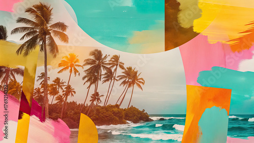 Artistic summer collage with palm trees concept. Vibrant tropical landscape with palm trees and colorful abstract art.