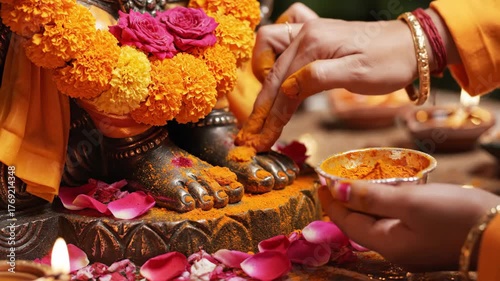 Sacred Hanuman Statue During Sankat Mochan Hanuman Jayanti Celebration with Floral Offerings and Rituals