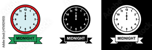 Clock illustration showing midnight time with text “MIDNIGHT,” symbolizing new beginnings or countdown moments, great for New Year or time concepts.
