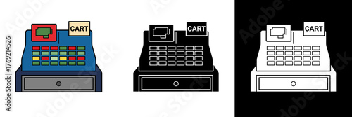 Colorful vintage cash register vector with “CART” text, showing buttons and display screen, ideal for e-commerce, shopping, or retail store icons.