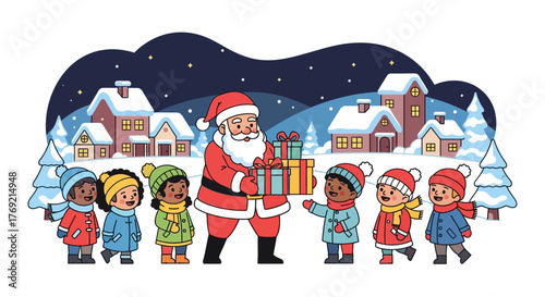 Santa Claus Delivering Gifts To Diverse Group Of Children In Snowy Village Christmas Celebration