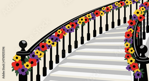 Decorative floral garlands adorning the railing of a grand staircase, creating a festive and elegant ambiance for a celebration