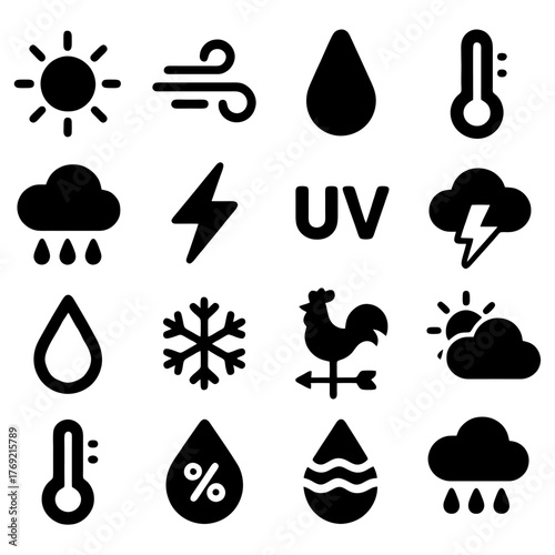 Weather Icons: A collection of concise, easy-to-understand black weather icons, offering a comprehensive visual guide to various weather conditions and elements.