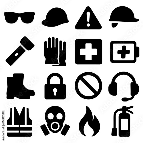 Safety Equipment Icons: A collection of safety equipment icons, each meticulously designed to communicate important messages about protection, hazard awareness, and workplace safety protocols.