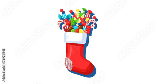 Christmas stocking overflowing with colorful candy and sweets, a festive holiday treat illustration