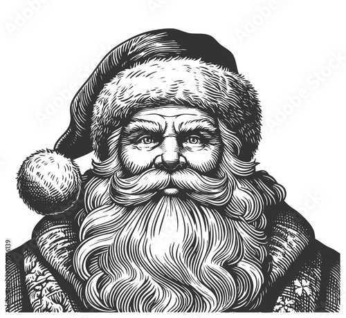 Santa Claus sketch engraving generative ai fictional character vector illustration. Scratch board imitation. Black and white image.