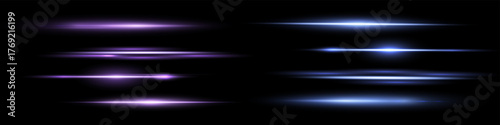 Purple and blue lens flares set. Sun flash with rays or spotlight and bokeh. Glow flare light effect. Isolated on black background.Vector illustration.