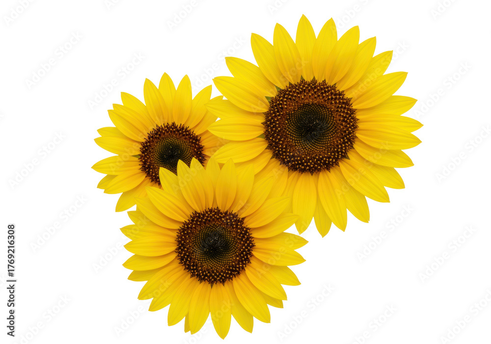 Fototapeta premium Isolated sunflowers, vibrant yellow flowerheads in a cluster on light backdrop, floral pattern