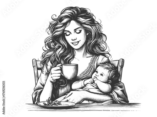 exhausted mother sipping coffee with a sleeping baby in her arms, capturing parenting fatigue sketch engraving generative ai fictional character vector illustration. Scratch board. Black and white.