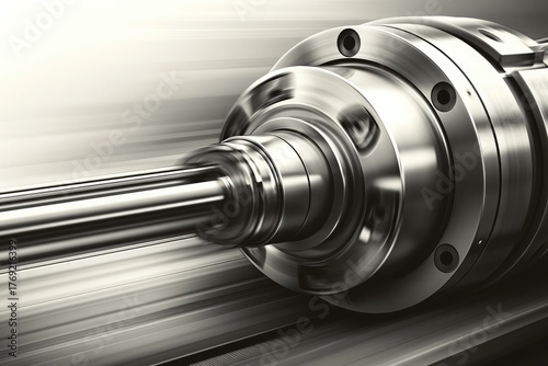 Close-up of a high-speed rotating stainless steel shaft, showing motion blur and a shiny metal surface, suitable for industrial product display