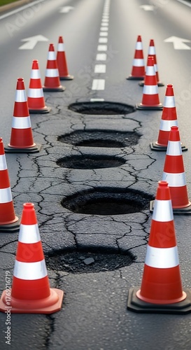 Road Hazards - Potholes and Safety Cones on Damaged Asphalt.