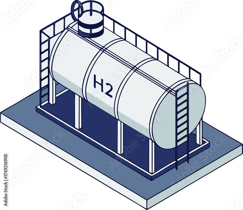 Eco-friendly hydrogen storage system with H2 tank representing renewable green energy, isometric isolated vector.