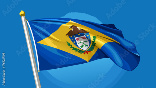 Very beautiful Delaware state flag waving proudly against a clear blue sky, close-up detail with realistic fabric texture, perfect for patriotic or official design compositions.