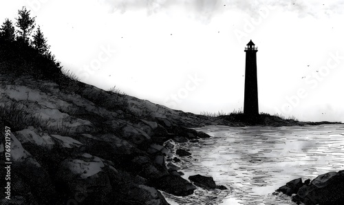 looking at an ancient ominous lighthouse, waves made of dirt, sketchy inky art style