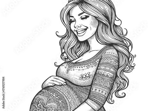 smiling pregnant woman gently cradling her belly sketch engraving generative ai fictional character vector illustration. Scratch board imitation. Black and white image.