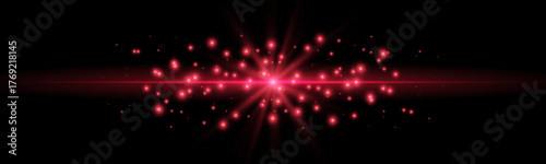 Red horizontal laser beam. Light lensflare. Red glow flare light effect. Vector illustration. Isolated on dark background.