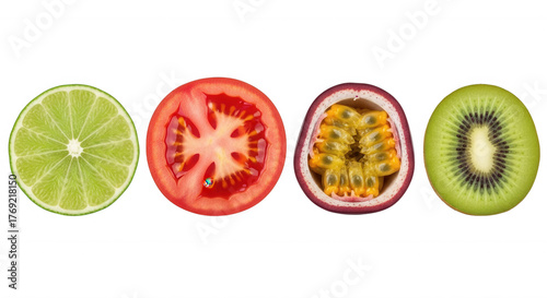 Sliced citrus tomato passion fruit kiwi isolated on a transparent background