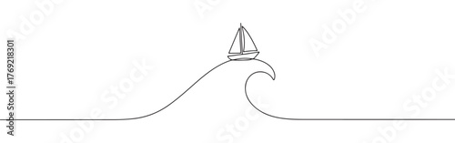 Continuous one-line drawing of a sailboat riding a wave, symbolizing adventure, freedom, and overcoming challenges in a minimalist marine style.