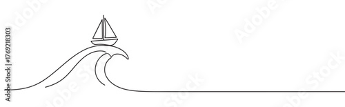 Continuous one-line drawing of a sailboat riding a wave, symbolizing adventure, freedom, and overcoming challenges in a minimalist marine style.
