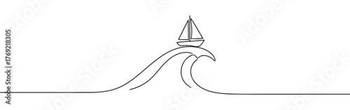 Continuous one-line drawing of a sailboat riding a wave, symbolizing adventure, freedom, and overcoming challenges in a minimalist marine style.