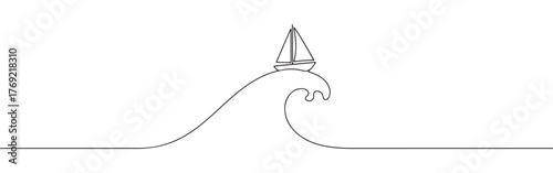 Continuous one-line drawing of a sailboat riding a wave, symbolizing adventure, freedom, and overcoming challenges in a minimalist marine style.