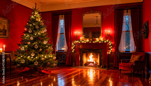 A warm, inviting Christmas scene featuring a decorated tree, a cozy fireplace with burning logs, and ambient candlelight, all set against rich red walls and a polished wood floor.