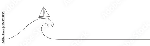Continuous one-line drawing of a sailboat riding a wave, symbolizing adventure, freedom, and overcoming challenges in a minimalist marine style.