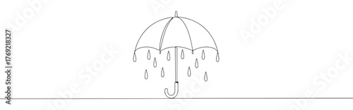 Continuous one-line drawing of an umbrella with raindrops, conveying simplicity, protection, and a rainy weather theme. Elegant linear art on a clean white background.