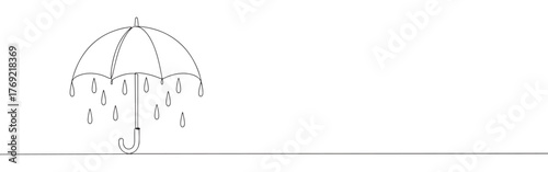 Continuous one-line drawing of an umbrella with raindrops, conveying simplicity, protection, and a rainy weather theme. Elegant linear art on a clean white background.