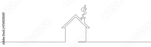 Continuous one-line drawing of a simple house with a chimney and smoke, symbolizing home, comfort, and warmth in a minimalist architectural style.