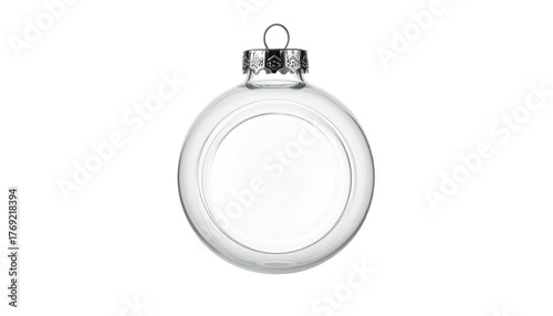Clear glass Christmas ornament with silver top on black background