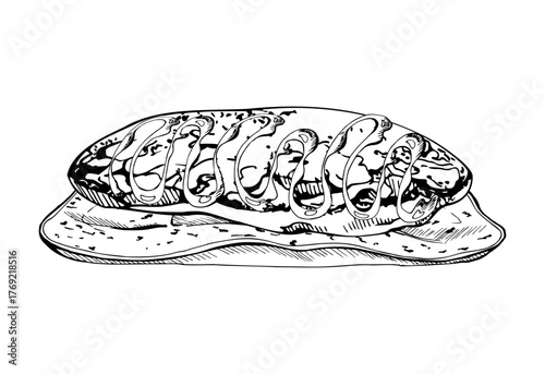 Vector ink pancake with melted chocolate ganache, flapjack served on handmade clay ceramic plate. Hand drawn isolated illustration. Summer packaging, juice bar branding, seasonal product graphics.