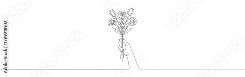 Continuous one-line drawing of a hand holding a small bouquet of flowers, symbolizing gift, nature, and heartfelt gesture in a minimalist style.