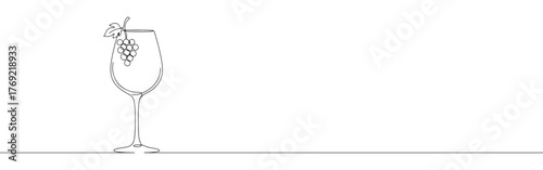 Continuous one-line drawing of a wine glass with a bunch of grapes and a leaf, symbolizing wine culture, celebration, and harvest in a minimalist style.