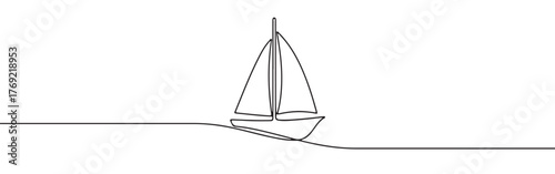 Continuous one-line drawing of a sailboat riding a wave, symbolizing adventure, freedom, and overcoming challenges in a minimalist marine style.