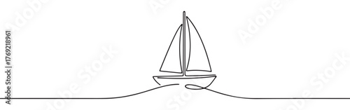 Continuous one-line drawing of a sailboat riding a wave, symbolizing adventure, freedom, and overcoming challenges in a minimalist marine style.