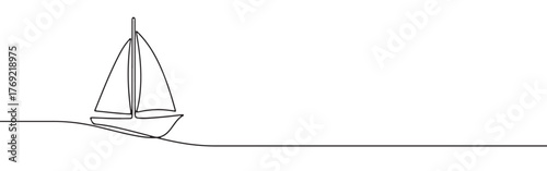 Continuous one-line drawing of a sailboat riding a wave, symbolizing adventure, freedom, and overcoming challenges in a minimalist marine style.
